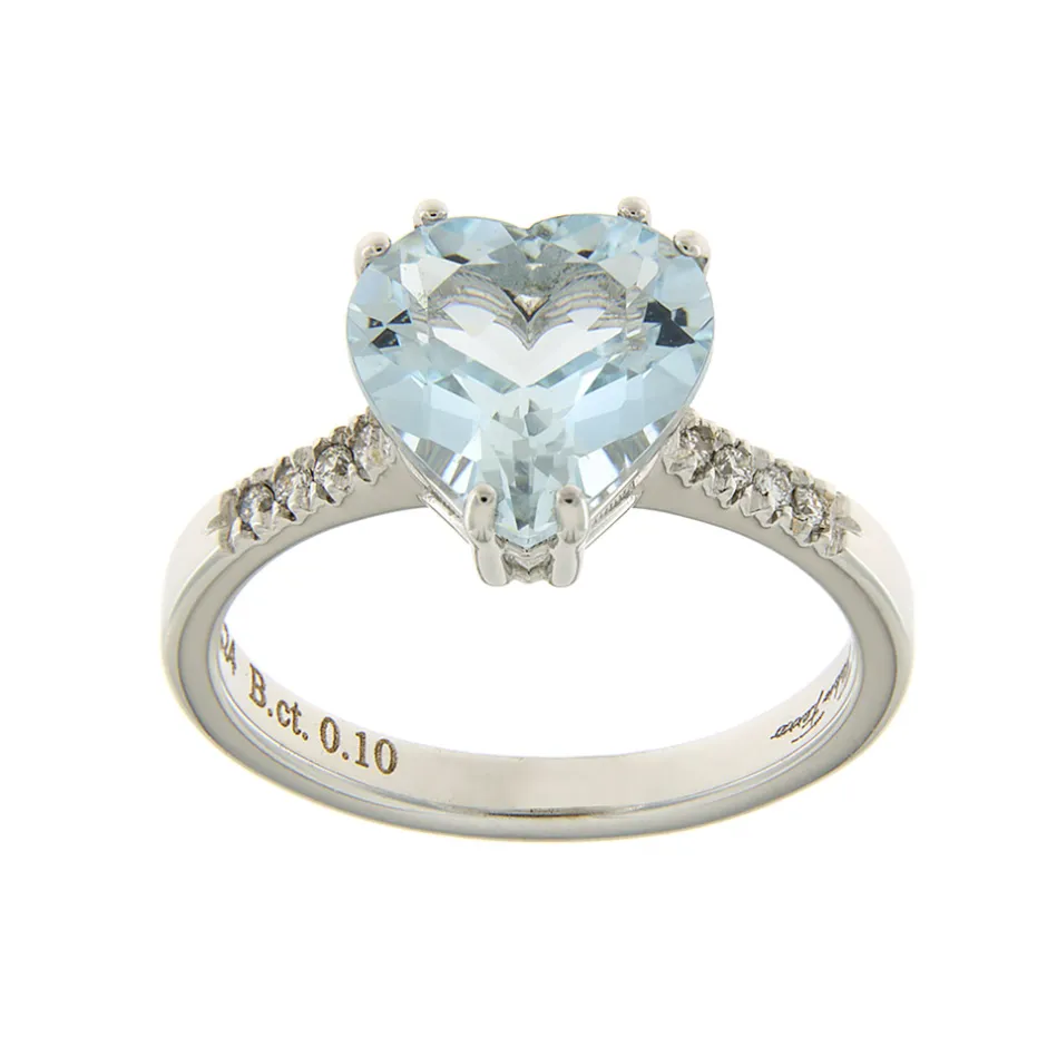 Online Anello in Oro Bianco con Acqua Marina Taglio Cuore e Diamanti Taglio Brillante Anelli