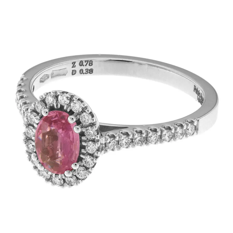 Sale Anello Zaffiro Rosa Ovale in Oro Bianco con Diamanti Anelli