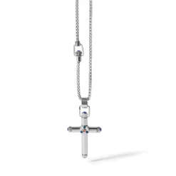 New Collana Comete Gioielli Uomo con Croce e Cristalli Blu in Acciaio Uomo Gioielli Comete Uomo