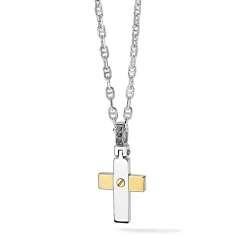Clearance Collana Comete Gioielli Uomo in Argento 925 con Croce in Oro Bianco e Giallo con Diamanti Neri Collezione Faith Uomo Gioielli Comete Uomo