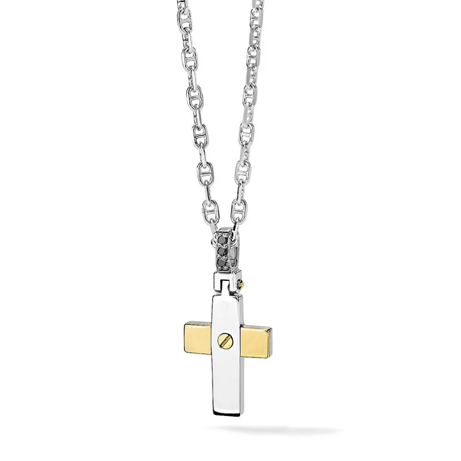 Clearance Collana Comete Gioielli Uomo in Argento 925 con Croce in Oro Bianco e Giallo con Diamanti Neri Collezione Faith Uomo Gioielli Comete Uomo