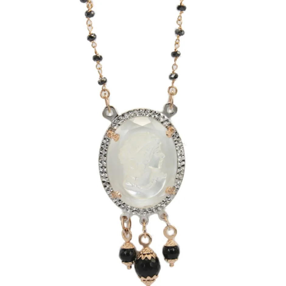 Sale Collana Donna In Oro Rosa e Bianco Con Spinello Nero e Cammeo Collane