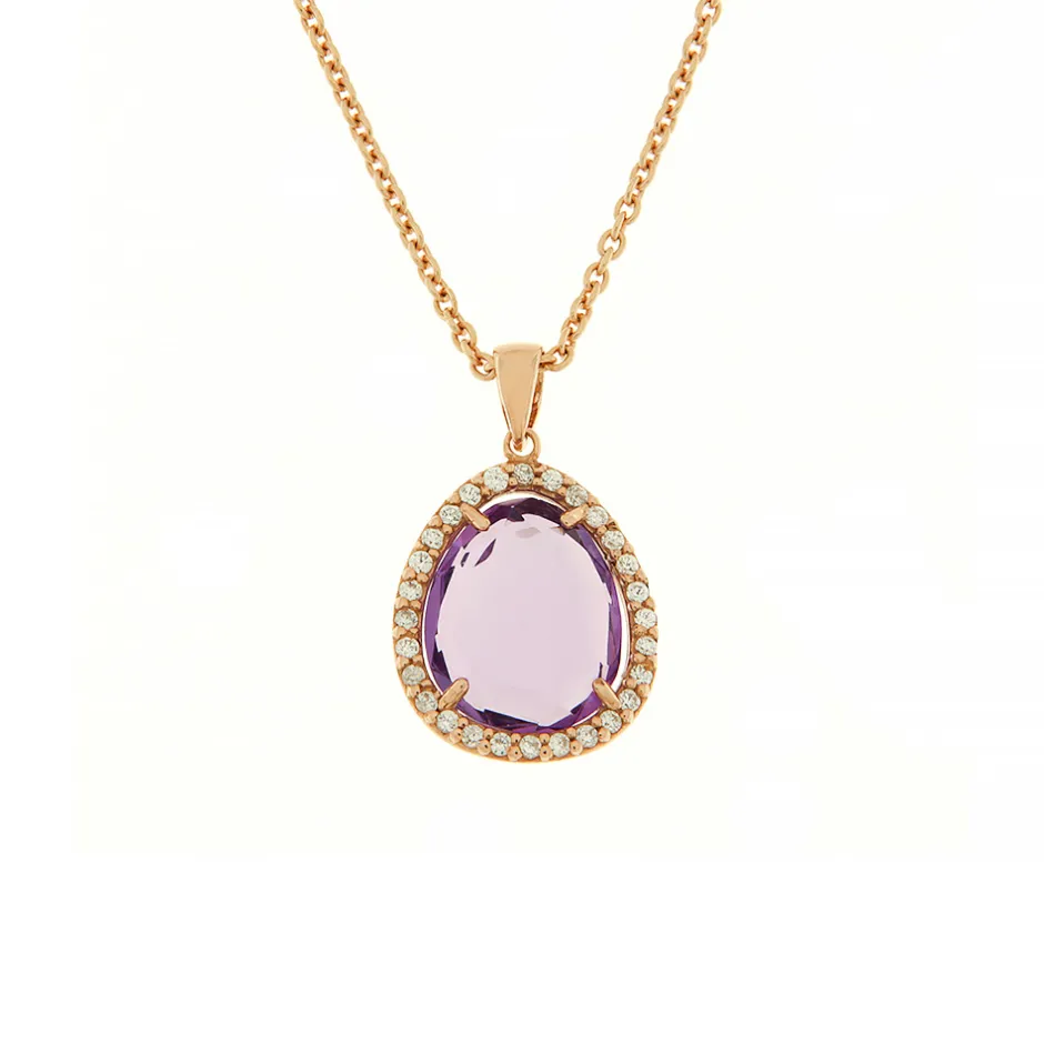 New Collana Ametista Goccia in Oro Rosa e Zirconi Collane