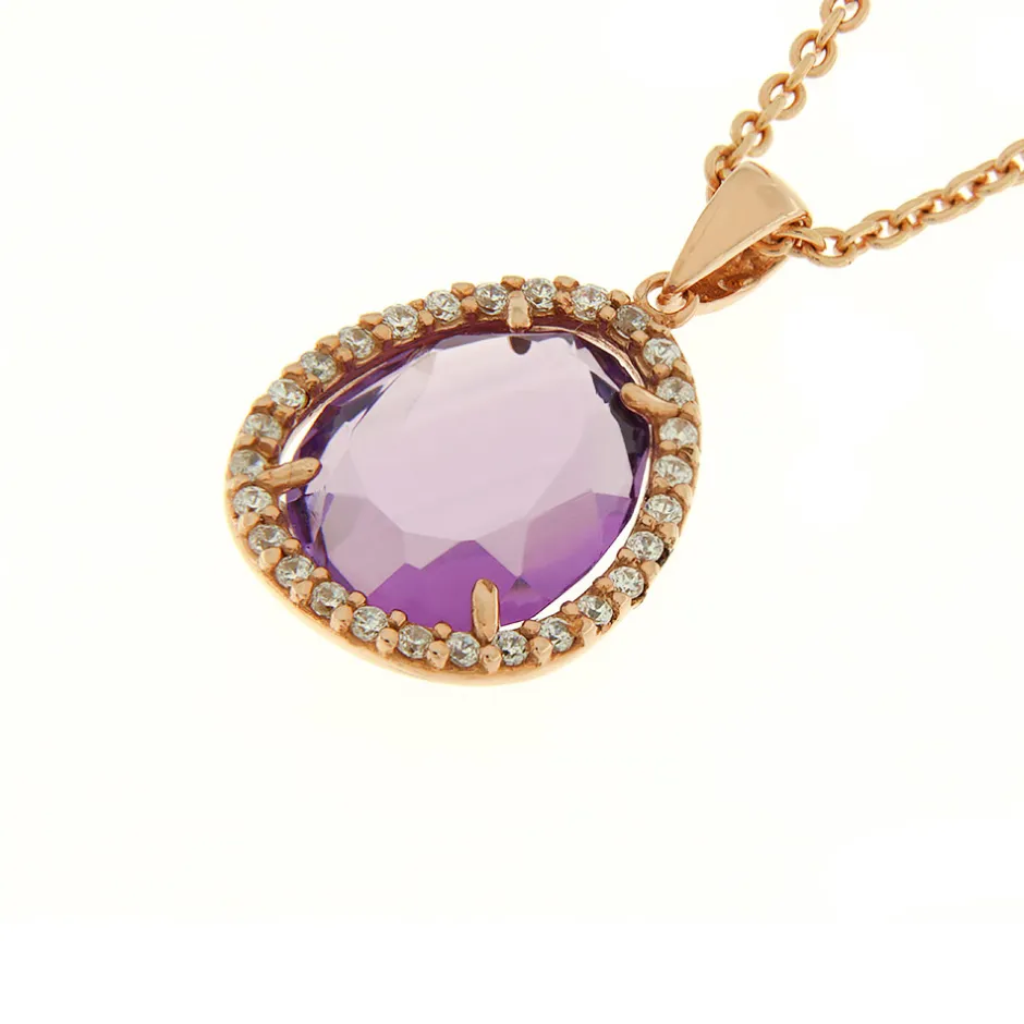New Collana Ametista Goccia in Oro Rosa e Zirconi Collane