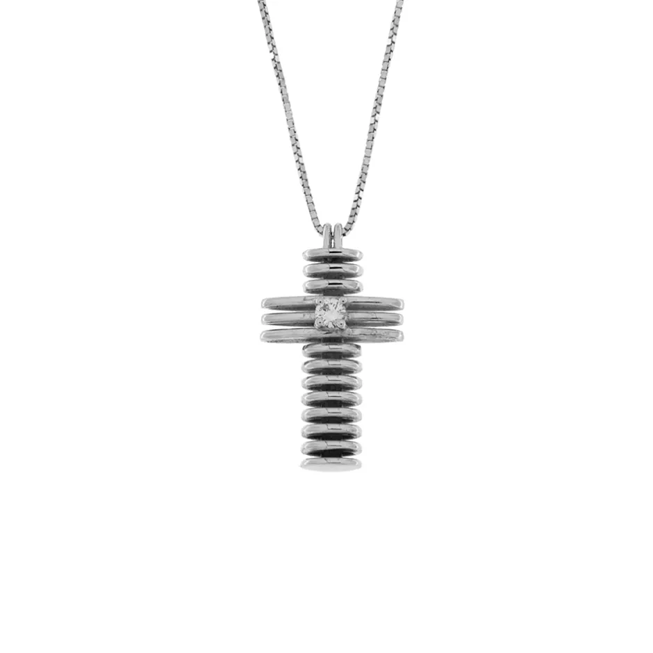Clearance Collana Croce Rigata in Oro Bianco con Diamante Collane
