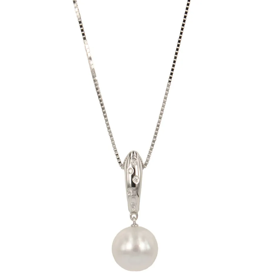 Clearance Collana in Oro Bianco con Perla Coltivata Australiana 10.5/11 mm e Diamanti Gioielli Con Perle