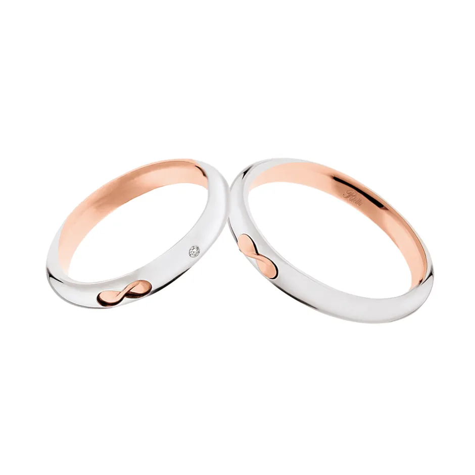 Outlet Coppia Fedi Nuziali Polello in Oro Bianco e Rosa con Diamante e Simbolo Infinito Fedi Nuziali