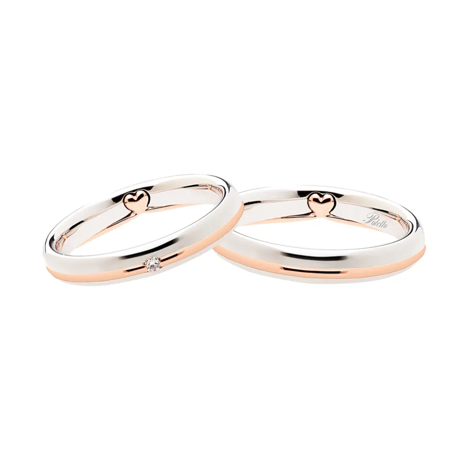 Sale Coppia Fedi Nuziali Polello in Oro Bianco e Rosa Collezione Cuori con Diamante Fedi Nuziali
