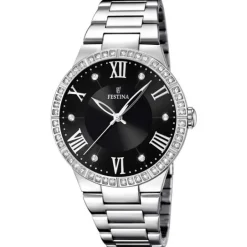 Outlet Festina Donna In Acciaio Con Quadrante Nero E Strass Donna Orologi Festina Donna