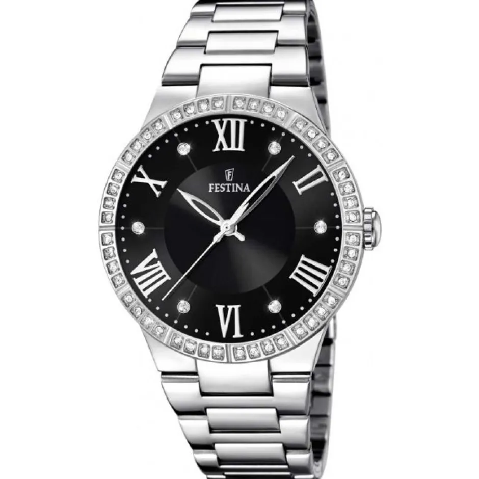 Outlet Festina Donna In Acciaio Con Quadrante Nero E Strass Donna Orologi Festina Donna