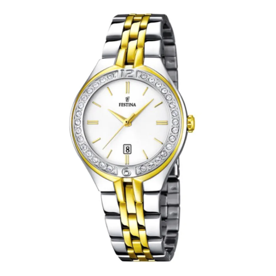 Sale Orologio Festina Donna In Acciaio Placcato Oro Giallo e Lunetta In Strass Donna Orologi Festina Donna