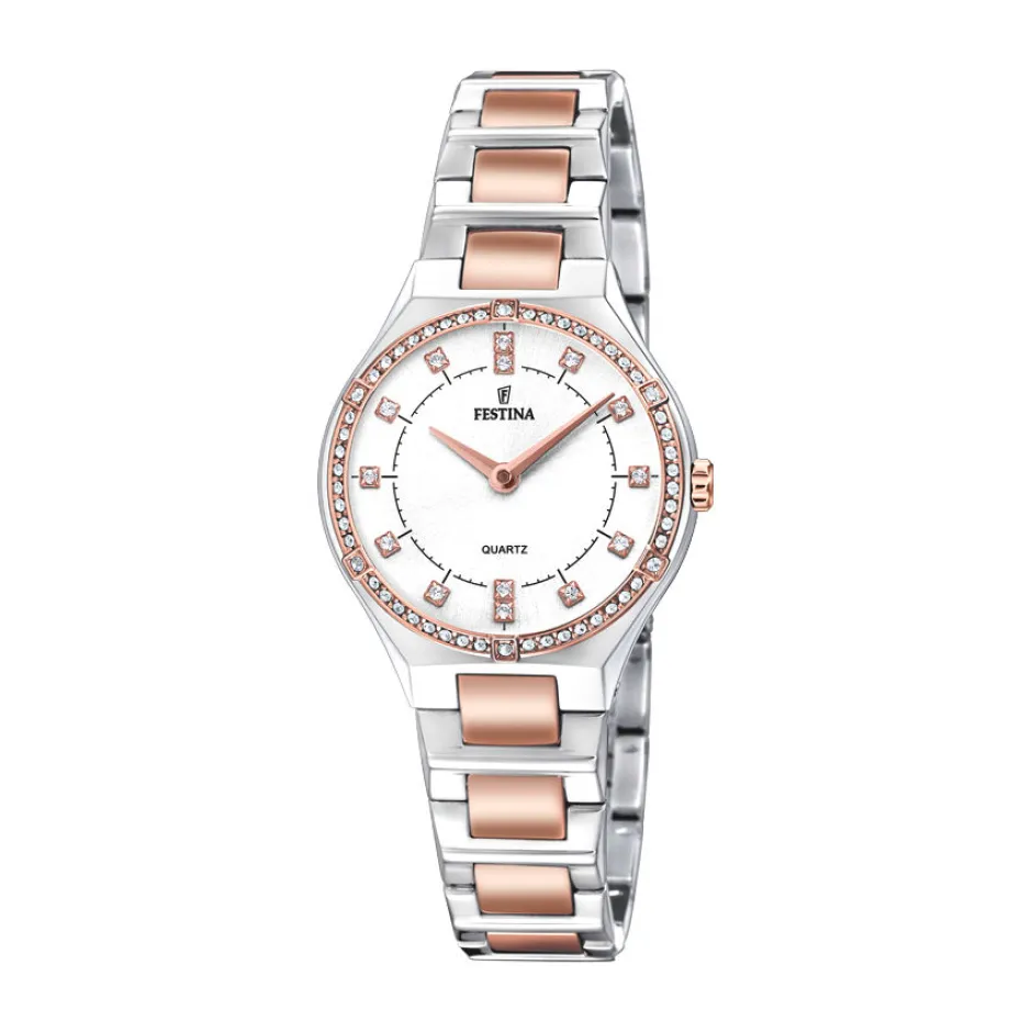 Outlet Orologio Festina Donna In Acciaio e PVD Rosè Collezione Mademoiselle Con Lunetta In Zirconi Donna Orologi Festina Donna