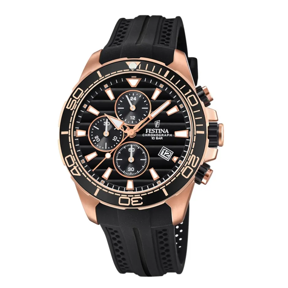 Sale Orologio Festina Uomo Chronograph Con Quadrante Nero Tridimensionale Cassa Acciaio PVD Rosa MM. 44 Collezione Prestige con Cinturino in Gomma Nero Uomo Orologi Festina Uomo