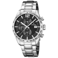 New Orologio Festina Uomo Modello Chrono In Acciaio MM. 43 Con Quadrante Nero Uomo Orologi Festina Uomo