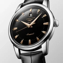 Clearance Orologio Longines Conquest Heritage Automatico Nero Laccato Lucido Pelle Nera 40 mm Uomo Orologi Longines Uomo