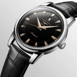 Clearance Orologio Longines Conquest Heritage Automatico Nero Laccato Lucido Pelle Nera 40 mm Uomo Orologi Longines Uomo