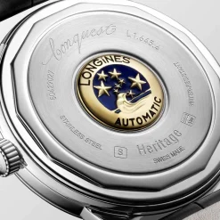 Clearance Orologio Longines Conquest Heritage Automatico Nero Laccato Lucido Pelle Nera 40 mm Uomo Orologi Longines Uomo