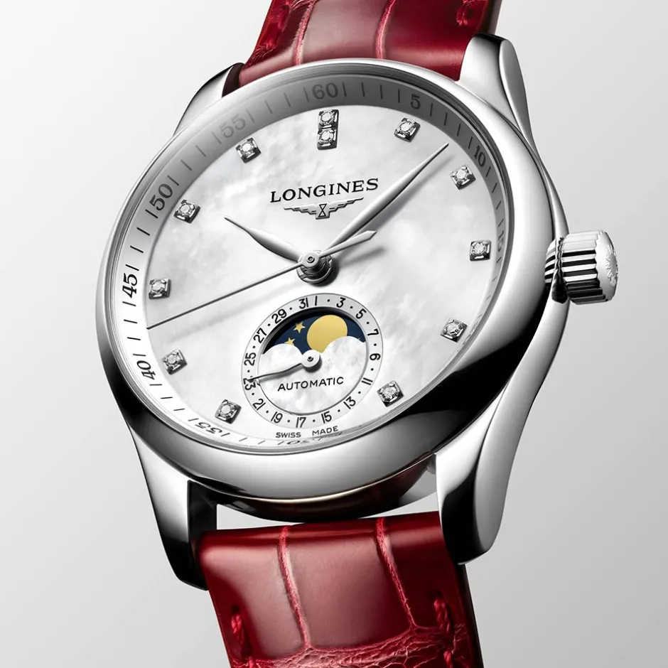 Discount Orologio Longines Master Collection Automatico Acciaio Bianco Pelle Rossa 34 mm Donna Orologi Longines Donna | Outlet Orologi