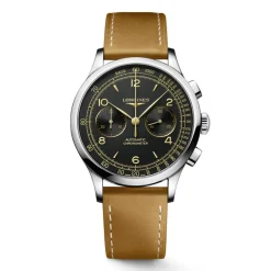 Outlet Orologio Longines Record Automatico Nero Pelle Marrone 40 mm Uomo Orologi Longines Uomo
