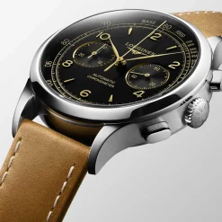 Outlet Orologio Longines Record Automatico Nero Pelle Marrone 40 mm Uomo Orologi Longines Uomo