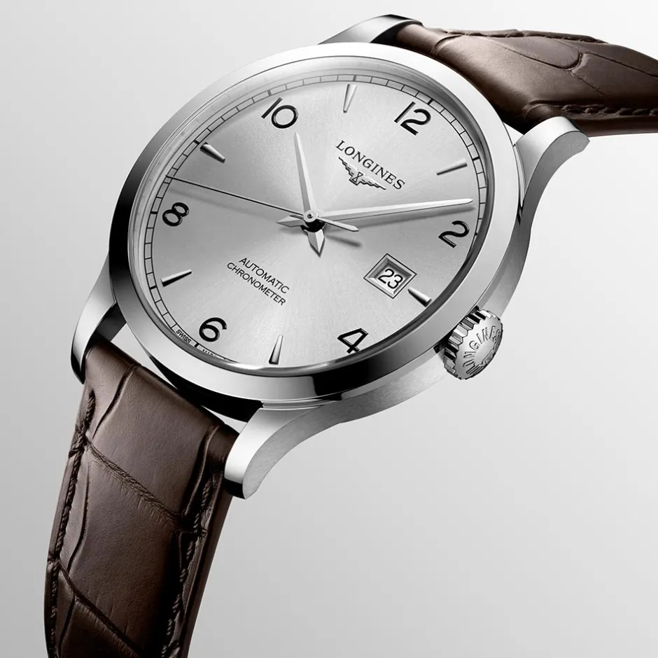 Sale Orologio Longines Record Acciaio Argento Pelle Marrone 40 mm Uomo Orologi Longines Uomo